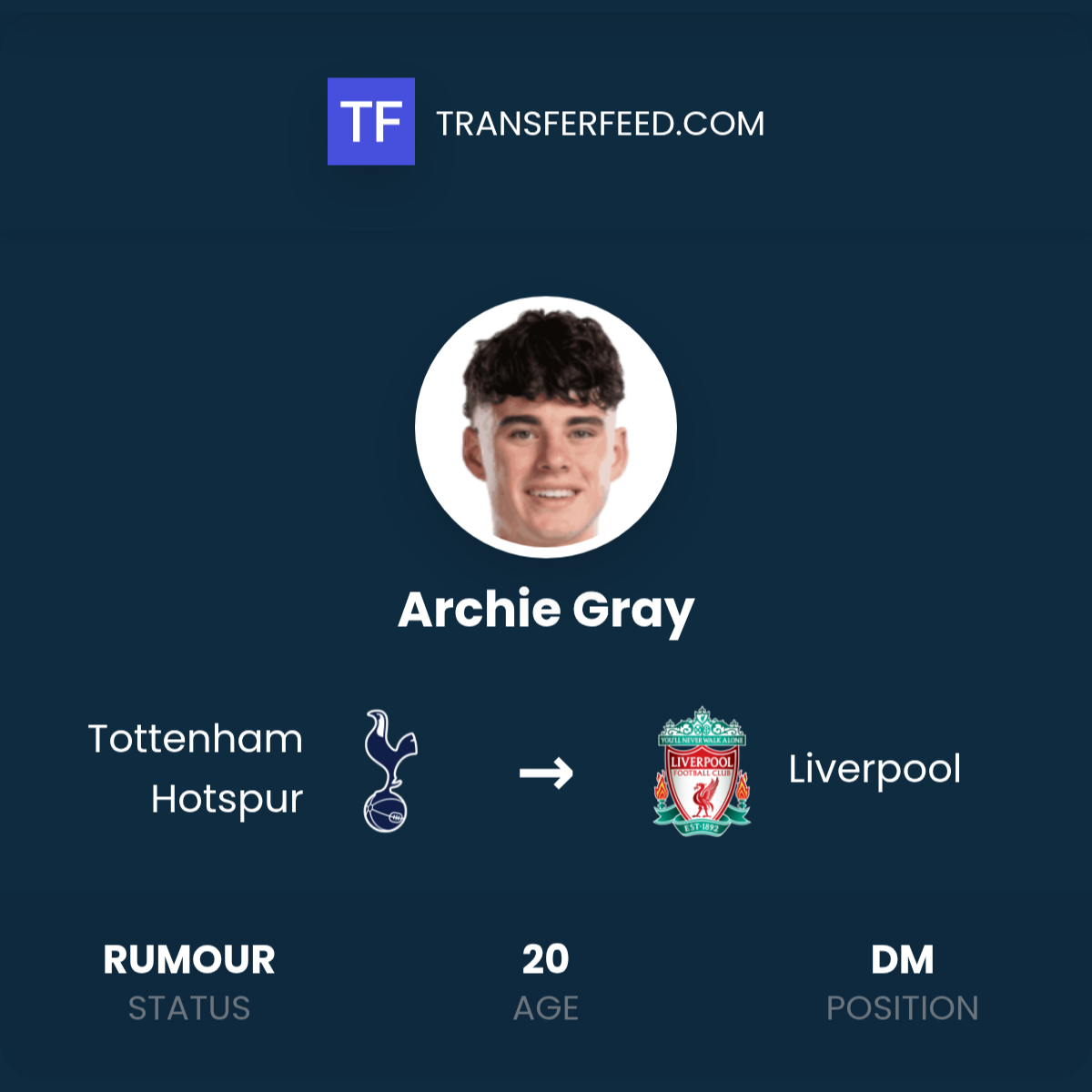 Archie Gray Transfer from Tottenham Hotspur to Liverpool - TransferFeed